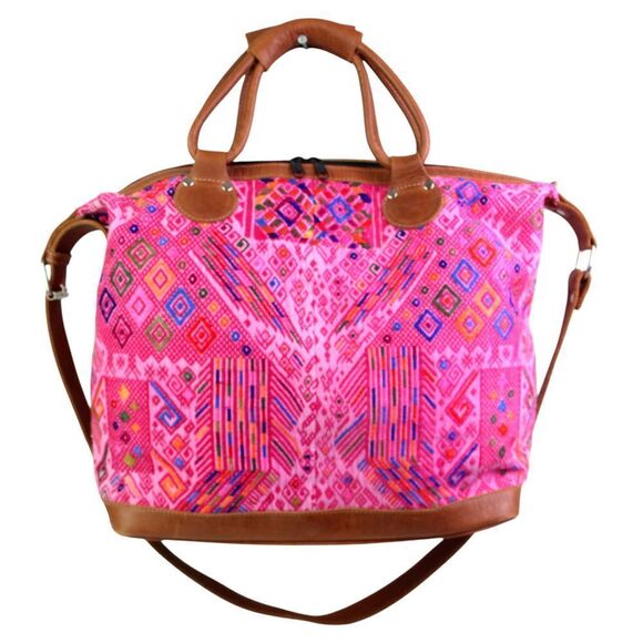 ROOMY HANDCRAFTED MULTICOLOR PINK KILIM BROWN LEATHER TRIM SHOULDER BAG HANDBAG - Picture 1 of 14